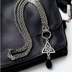 Double chain necklace triangle celtic knot trisquel & dangly black crystal